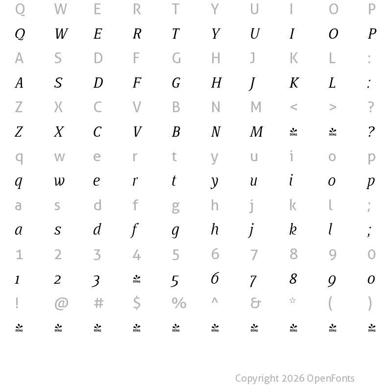 Character Map of FONTSPRING DEMO - BUOZZI Normal Italic Regular