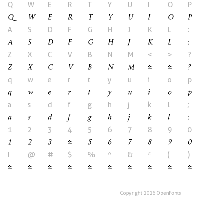 Character Map of FONTSPRING DEMO - Byington Rg Italic