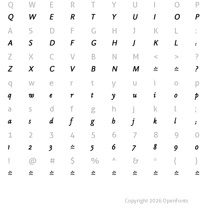 Character Map of FONTSPRING DEMO - Byronic Bold Italic