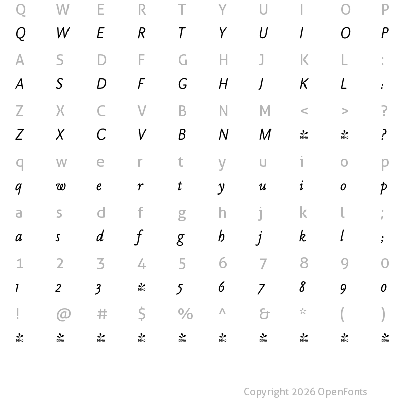 Character Map of FONTSPRING DEMO - Byronic Med Italic
