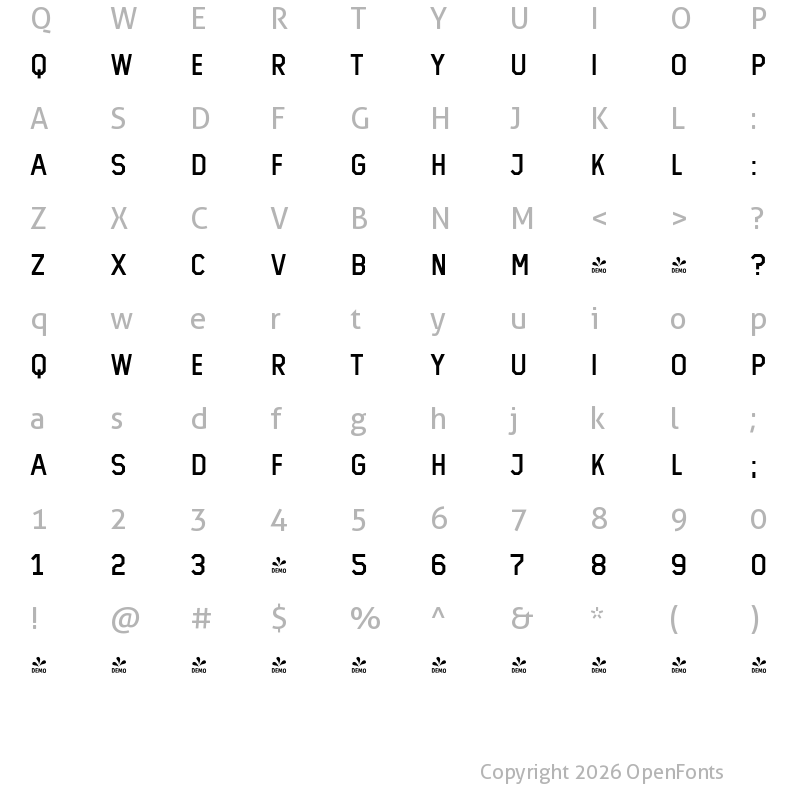 Character Map of FONTSPRING DEMO - CA Mechano Condensed Regular