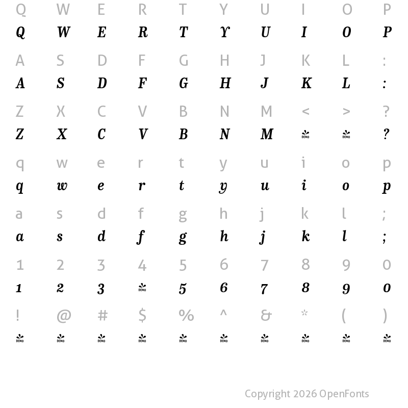 Character Map of FONTSPRING DEMO - CA Normal Serif Bold Italic