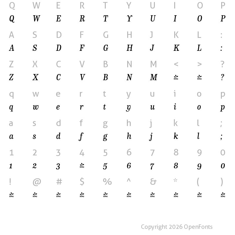 Character Map of FONTSPRING DEMO - CA Normal Serif Medium Italic