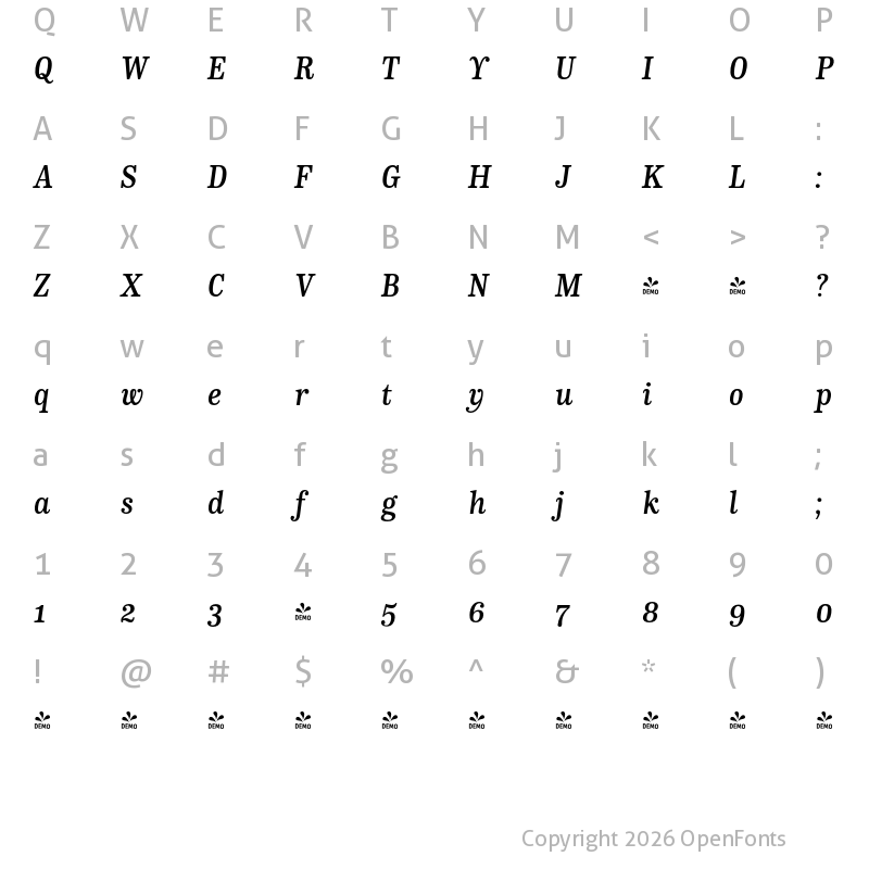 Character Map of FONTSPRING DEMO - CA Normal Serif SemiBold Italic