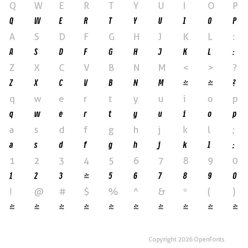 Character Map of FONTSPRING DEMO - CA Oskar Condensed Bold Italic