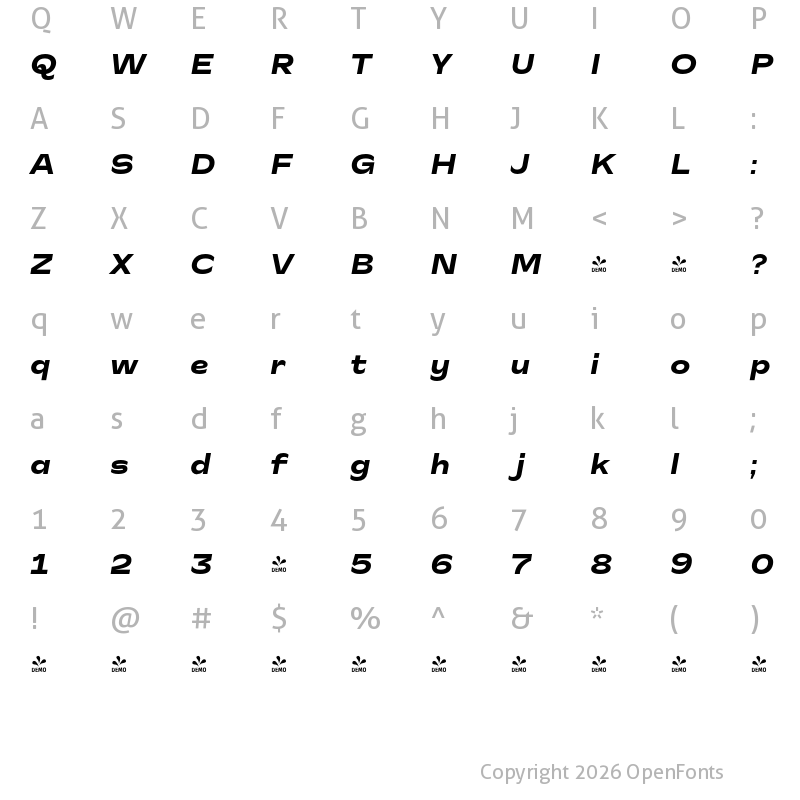 Character Map of FONTSPRING DEMO - CA Slalom Extended Heavy Italic
