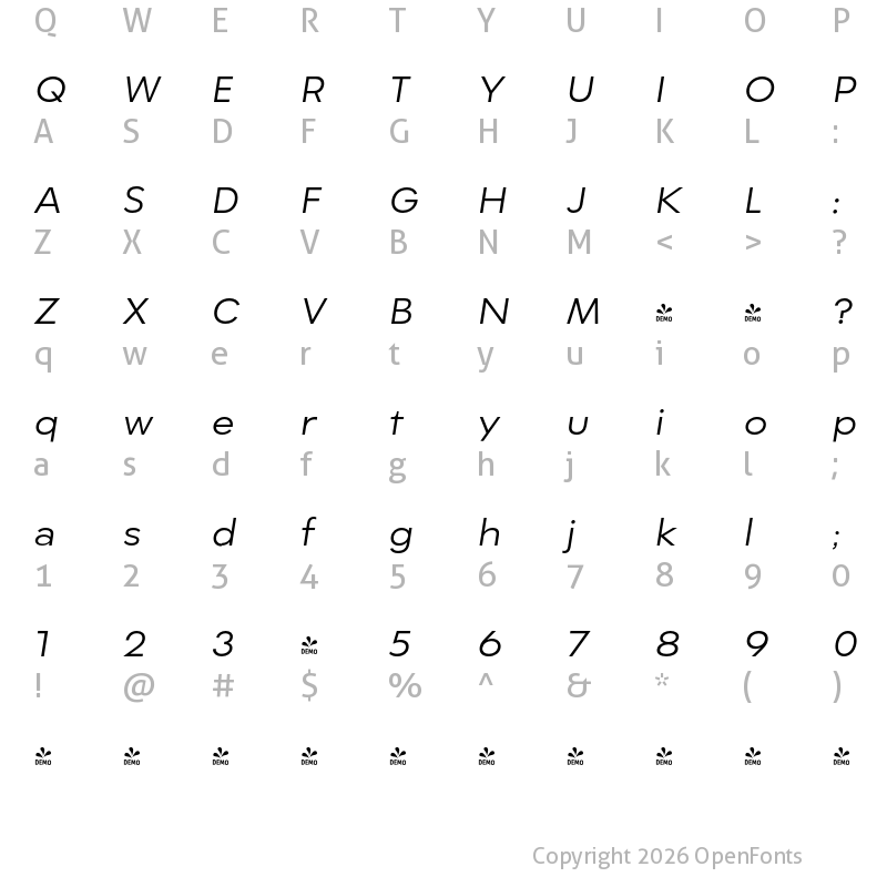 Character Map of FONTSPRING DEMO - CA Superpilot Sans Italic