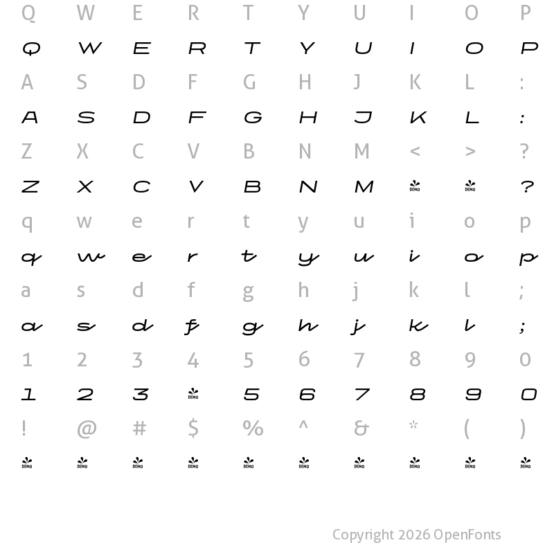 Character Map of FONTSPRING DEMO - CA Superpilot Script Italic