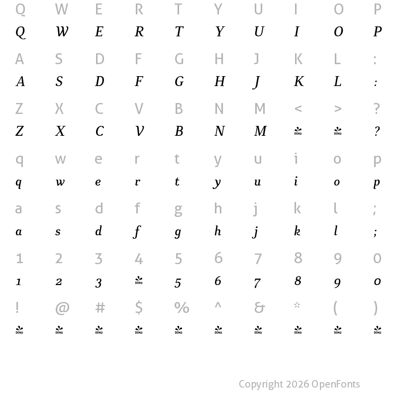 Character Map of FONTSPRING DEMO - CA Texteron Rg Italic