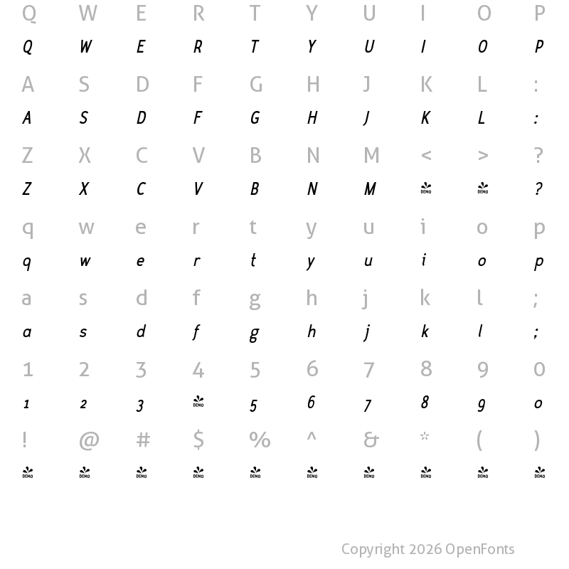 Character Map of FONTSPRING DEMO - CA ZaracusaNarrowAlt Rg Italic