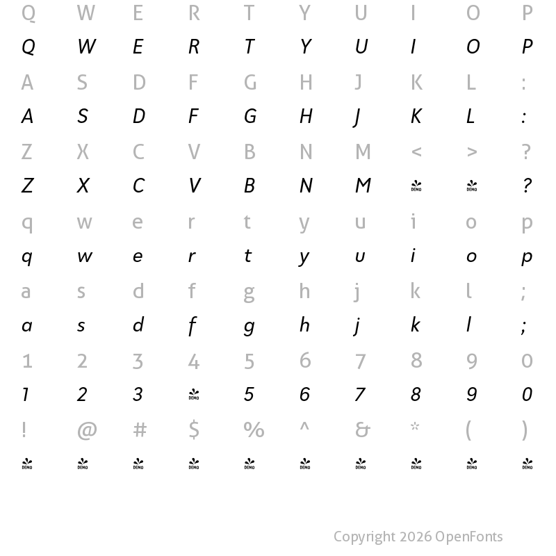 Character Map of FONTSPRING DEMO - Cadmium Italic