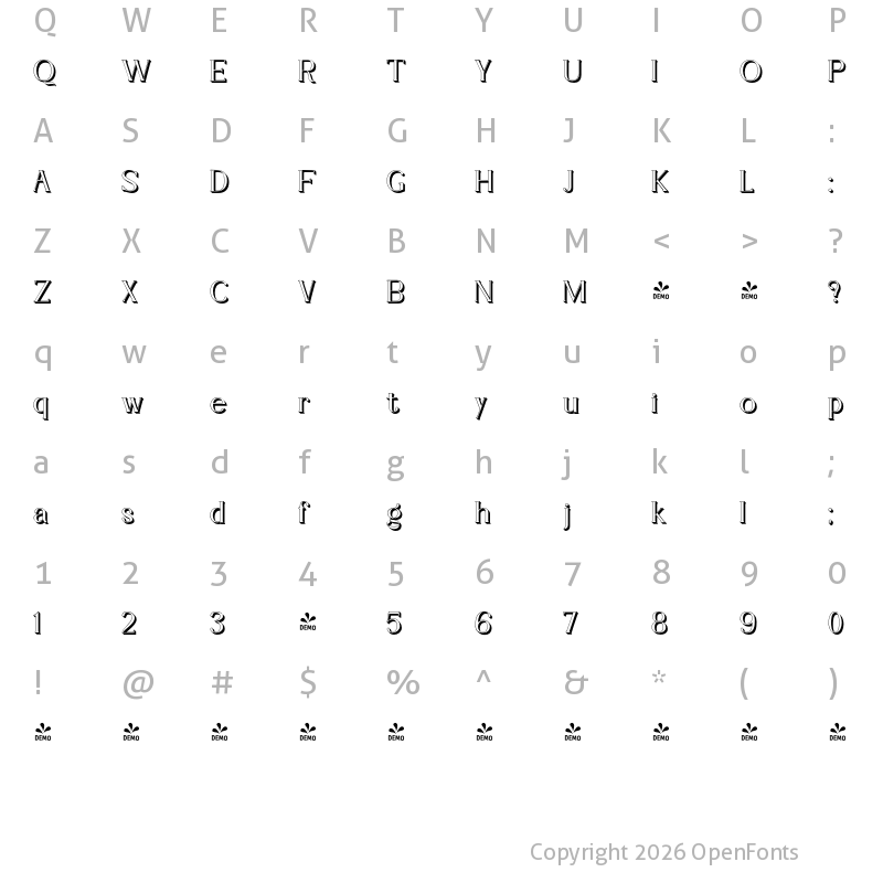 Character Map of FONTSPRING DEMO - Cakira Extrude