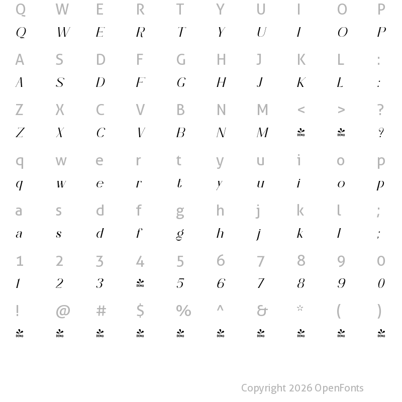 Character Map of FONTSPRING DEMO - Cakira Italic