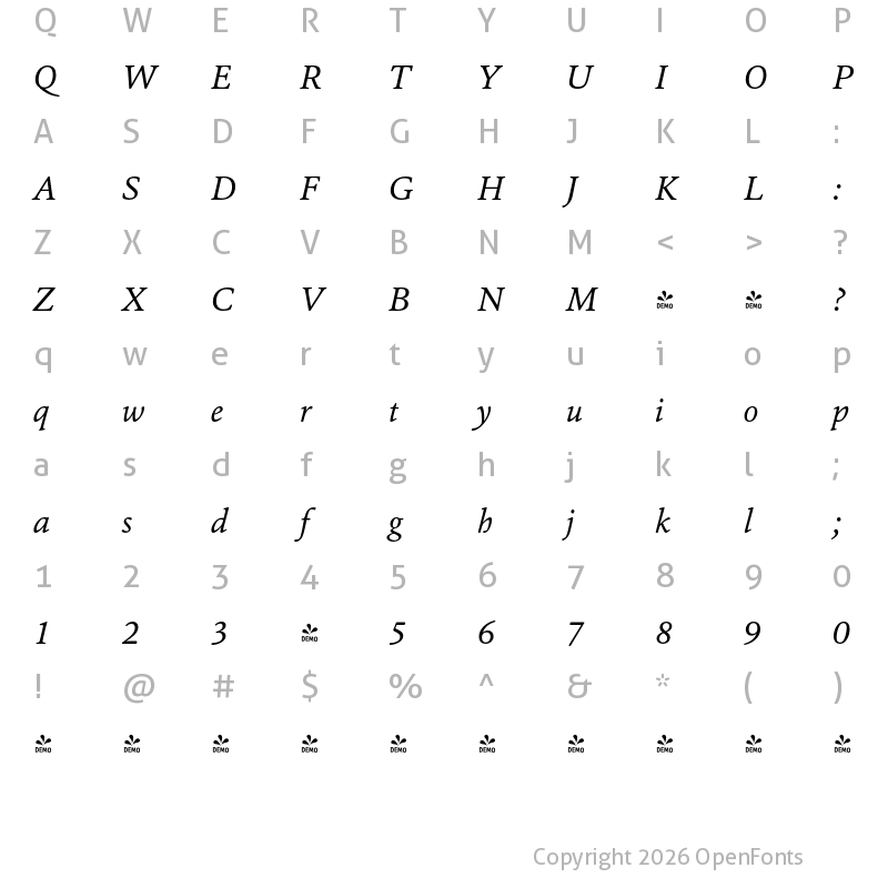 Character Map of FONTSPRING DEMO - Cala-Italic Regular