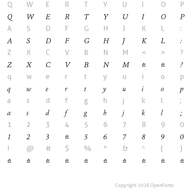 Character Map of FONTSPRING DEMO - Cala-LightItalic Regular