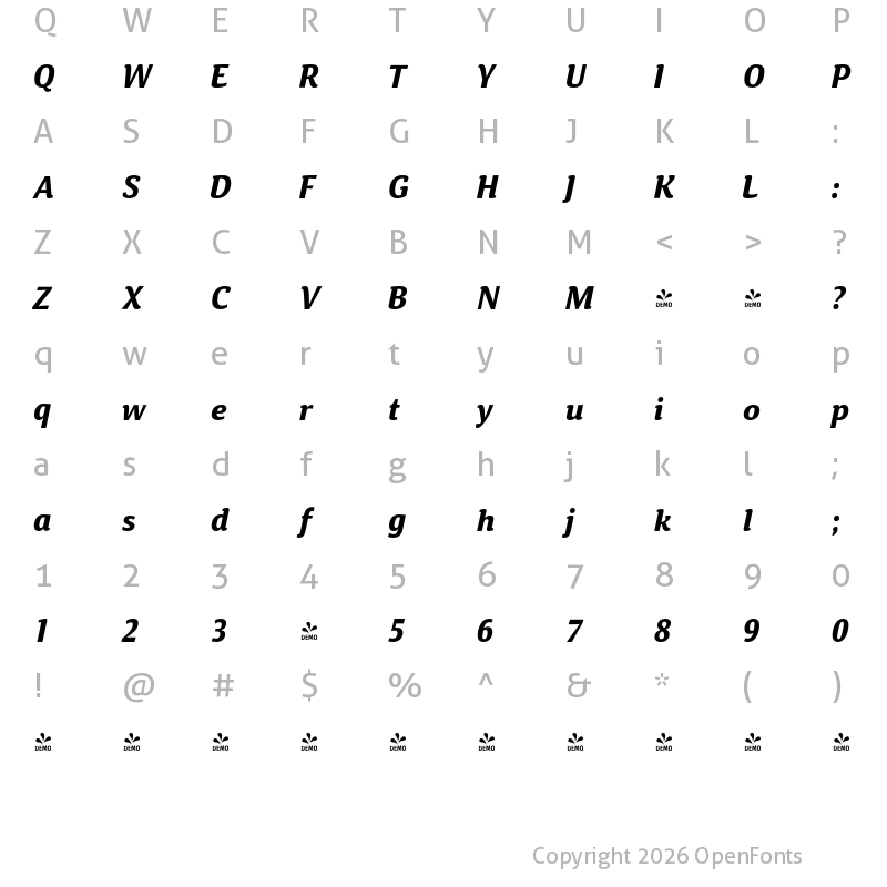 Character Map of FONTSPRING DEMO - Calendula Bold Italic