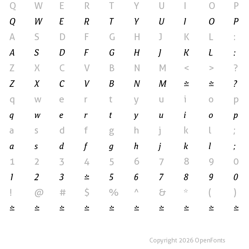 Character Map of FONTSPRING DEMO - Calendula Italic