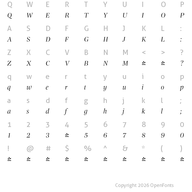 Character Map of FONTSPRING DEMO - Callas Light Italic