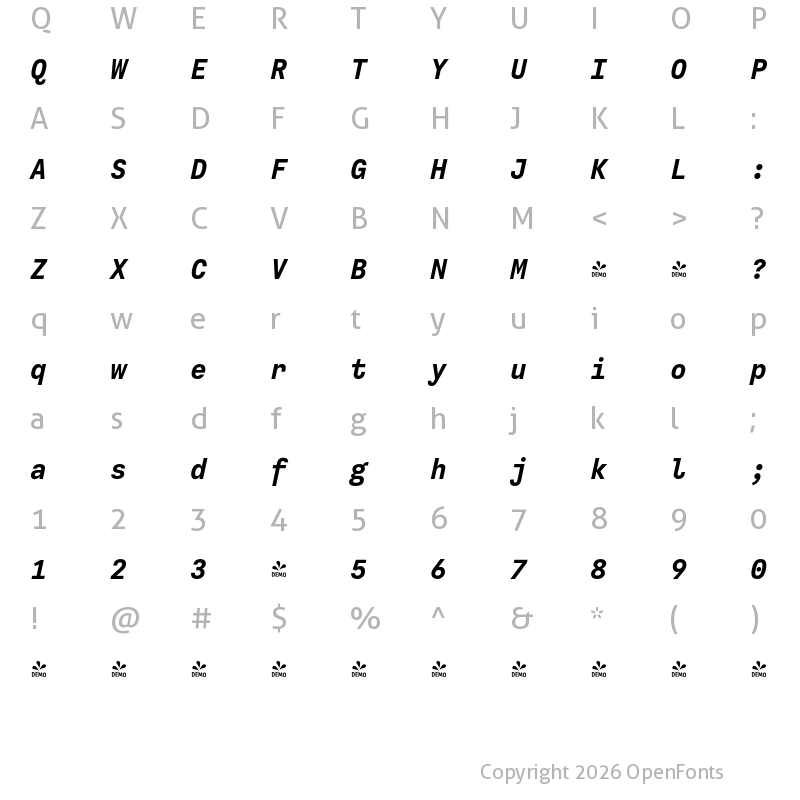 Character Map of FONTSPRING DEMO - Calling Code Bold Italic