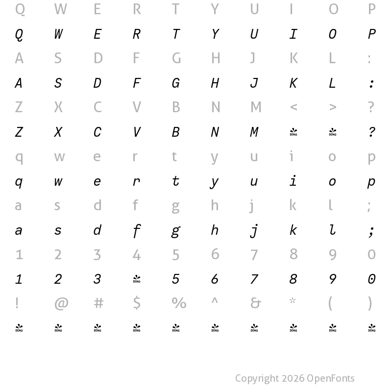 Character Map of FONTSPRING DEMO - Calling Code Italic