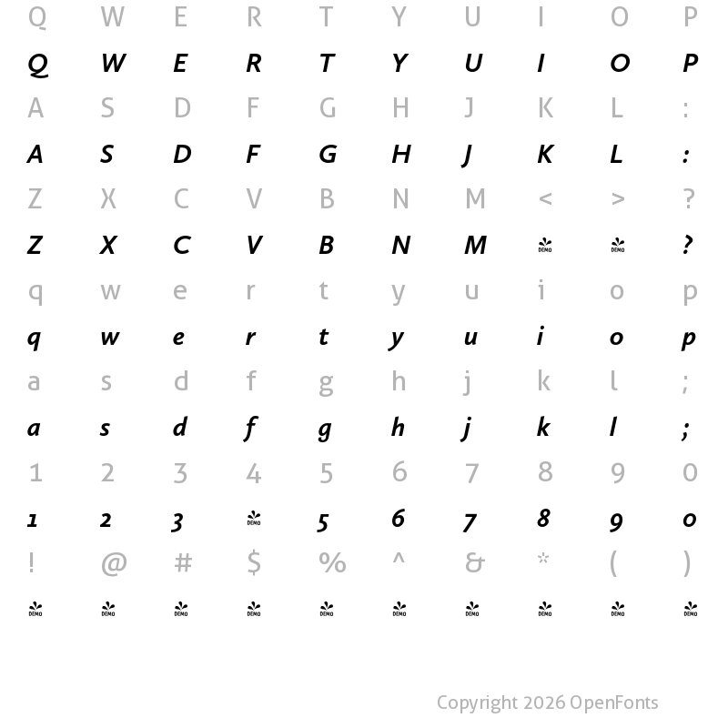 Character Map of FONTSPRING DEMO - Calluna Sans Bold Italic