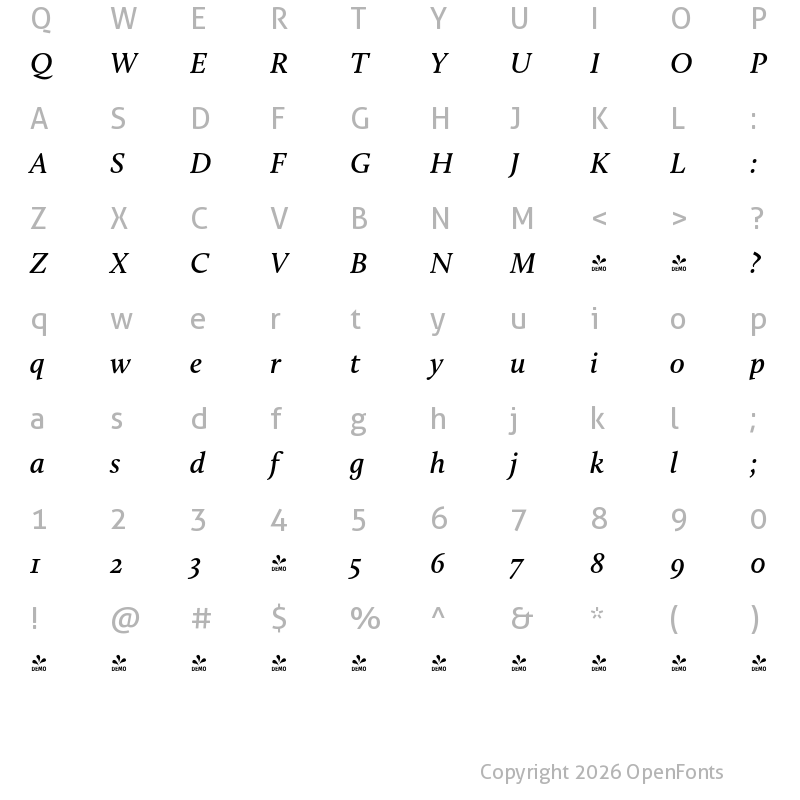 Character Map of FONTSPRING DEMO - Calluna SmBd Italic