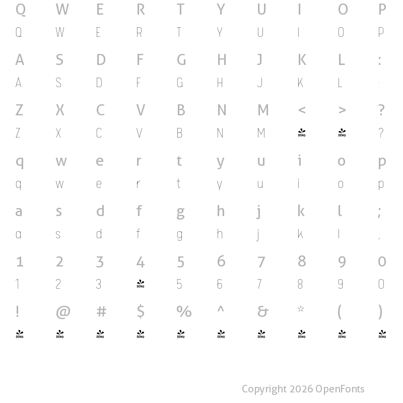 Character Map of FONTSPRING DEMO - Calps Sans Thin Regular