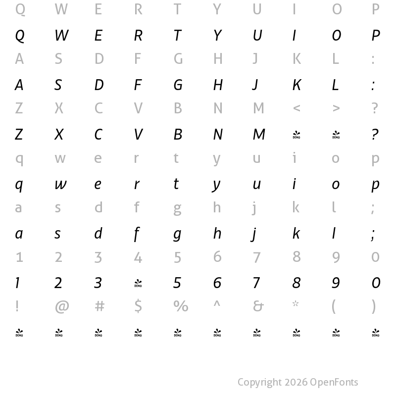 Character Map of FONTSPRING DEMO - Calton Italic Regular