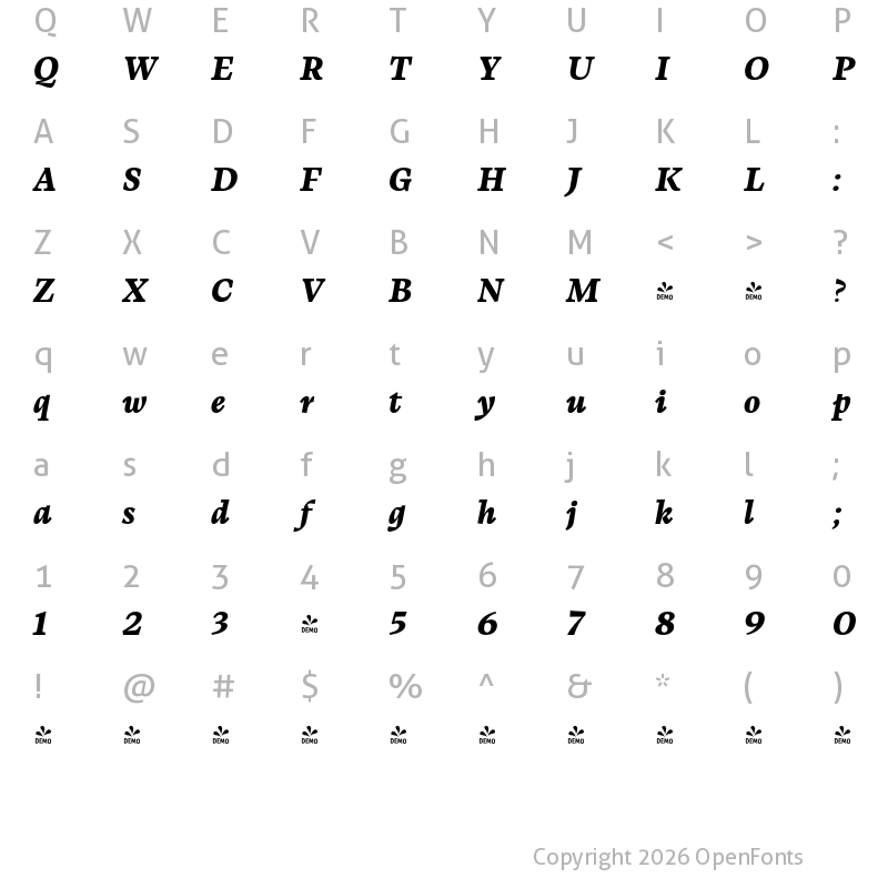 Character Map of FONTSPRING DEMO - Calvino Extrabold Italic