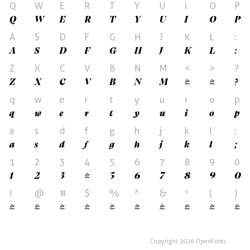 Character Map of FONTSPRING DEMO - Calvino Grande Black Italic