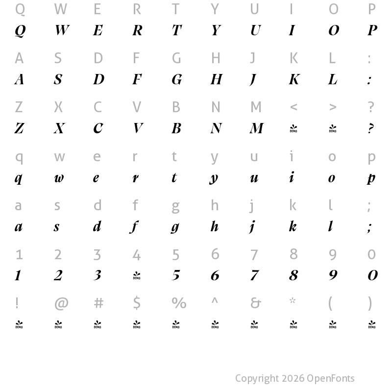 Character Map of FONTSPRING DEMO - Calvino Grande Bold Italic