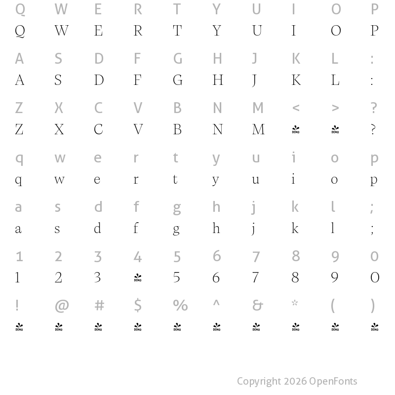 Character Map of FONTSPRING DEMO - Calvino Grande Extralight Regular