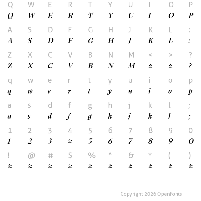 Character Map of FONTSPRING DEMO - Calvino Grande Semibold Italic
