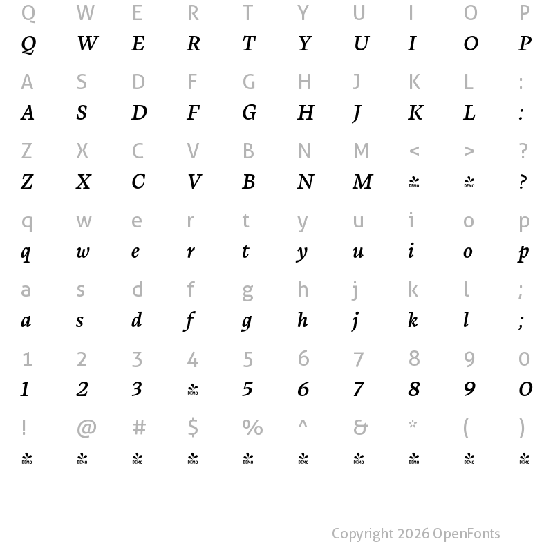 Character Map of FONTSPRING DEMO - Calvino Semibold Italic