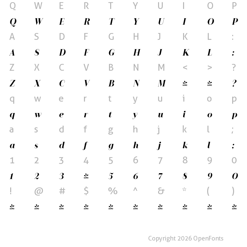 Character Map of FONTSPRING DEMO - Camila Bold It Regular