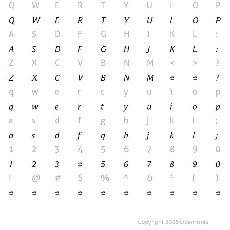 Character Map of FONTSPRING DEMO - Campan Italic