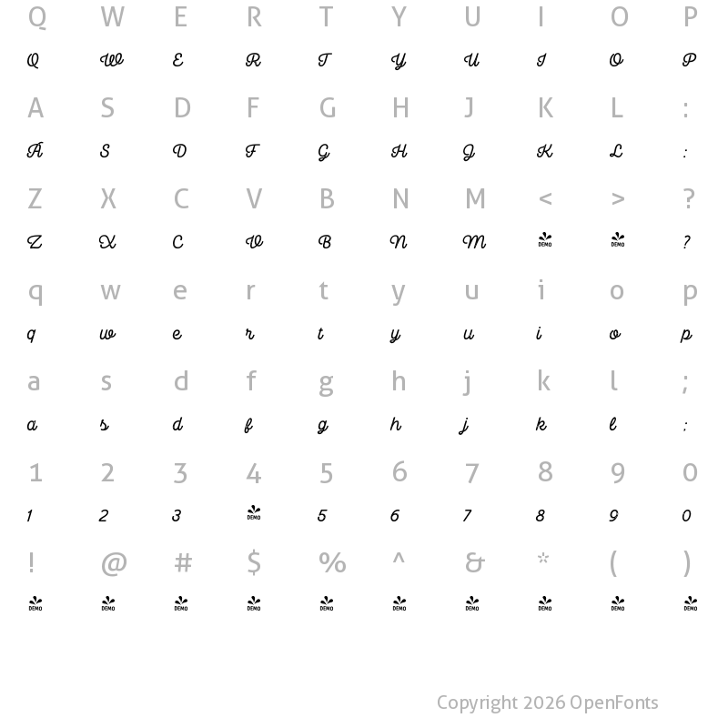 Character Map of FONTSPRING DEMO - Camper Print Script 1 Regular