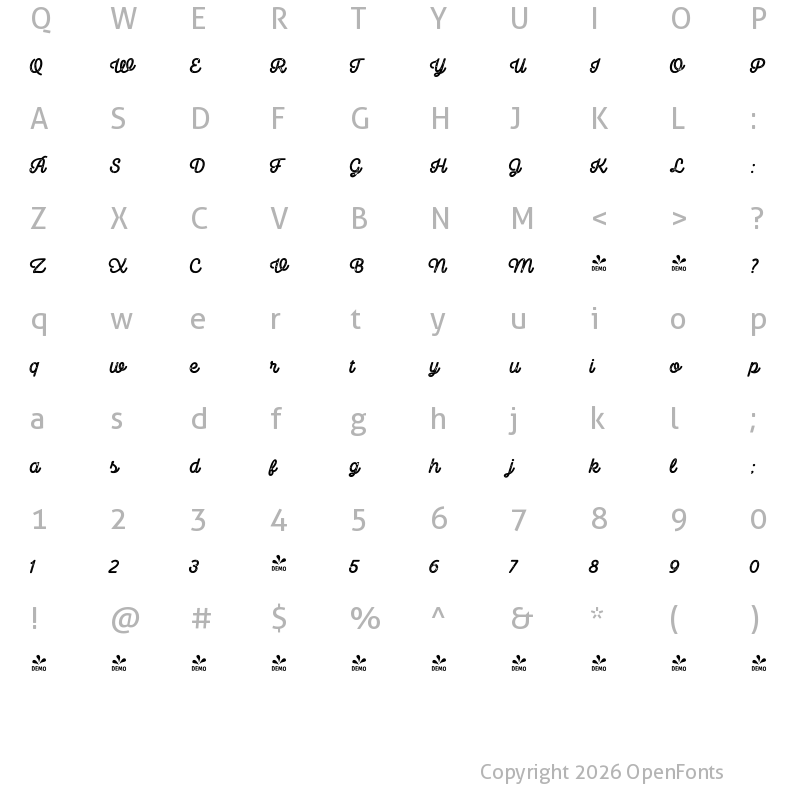 Character Map of FONTSPRING DEMO - Camper Print Script 3 Regular