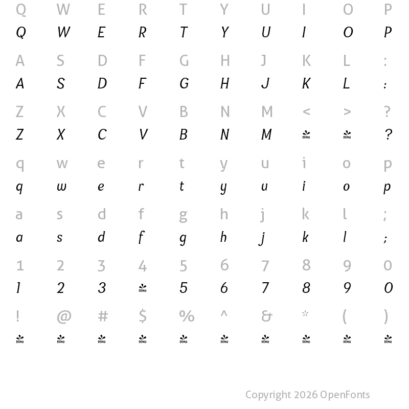 Character Map of FONTSPRING DEMO - Campfires Condensed Italic
