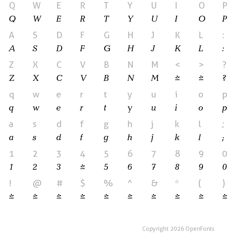 Character Map of FONTSPRING DEMO - Candela Italic