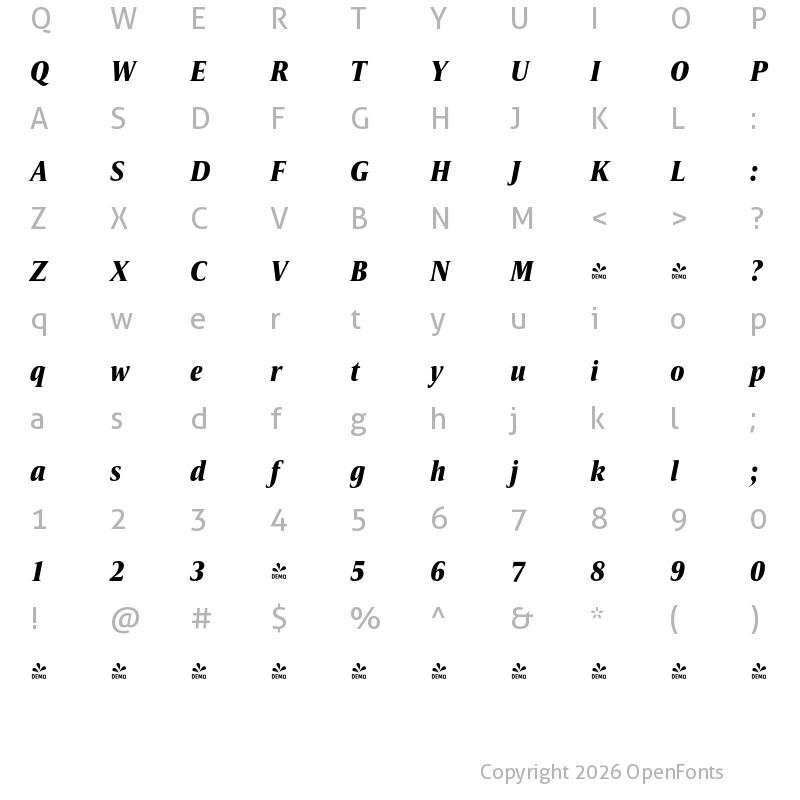 Character Map of FONTSPRING DEMO - Candide Cond ExtraBold Italic