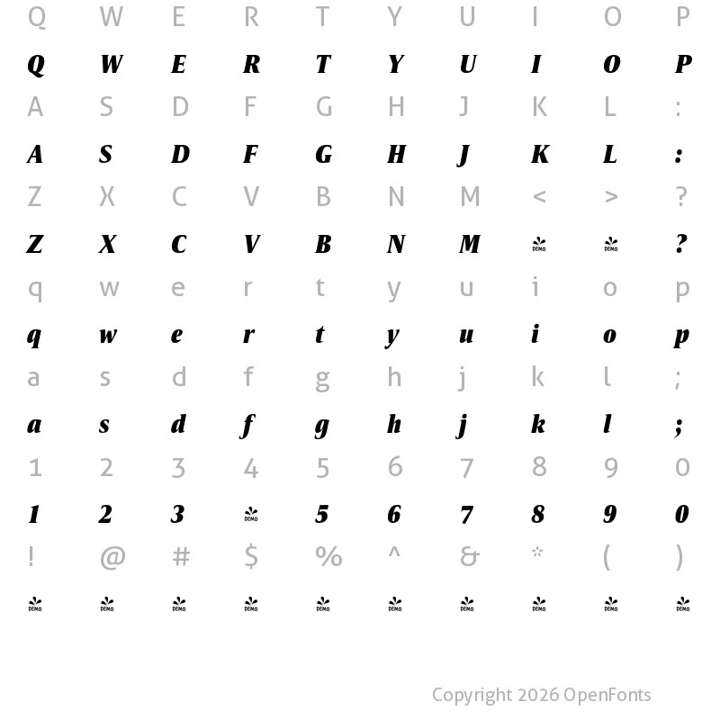 Character Map of FONTSPRING DEMO - Candide Cond Heavy Italic