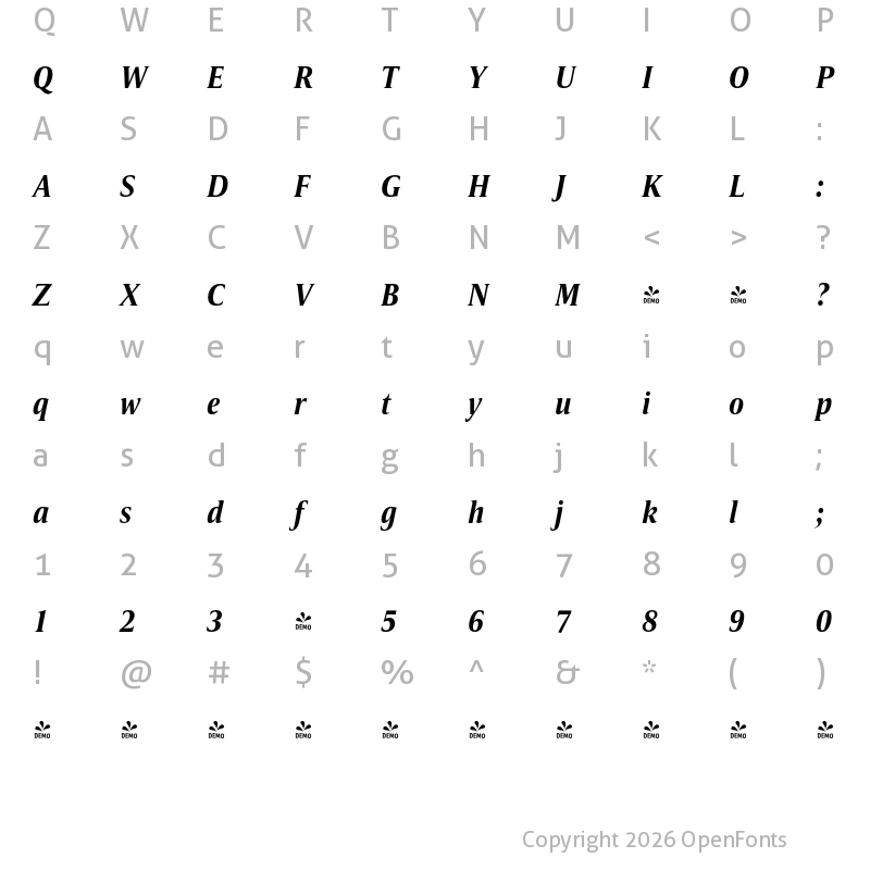 Character Map of FONTSPRING DEMO - Candide Cond Italic
