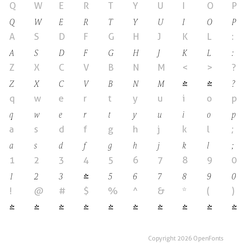 Character Map of FONTSPRING DEMO - Candide Cond Thin Italic