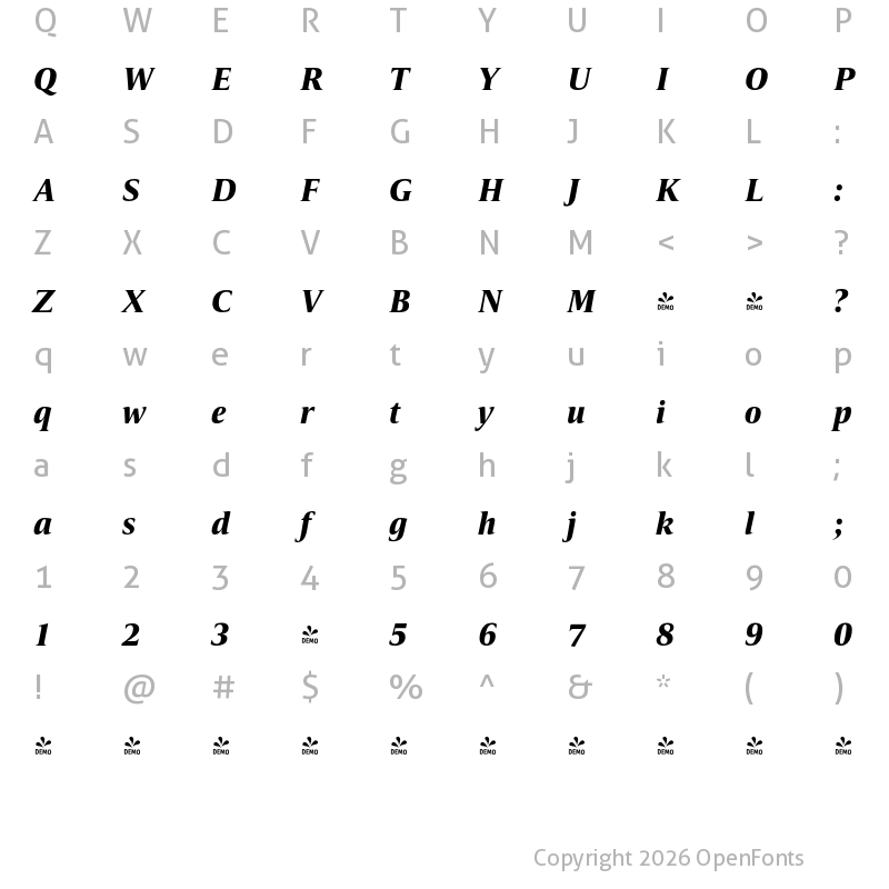 Character Map of FONTSPRING DEMO - Candide ExtraBold Italic