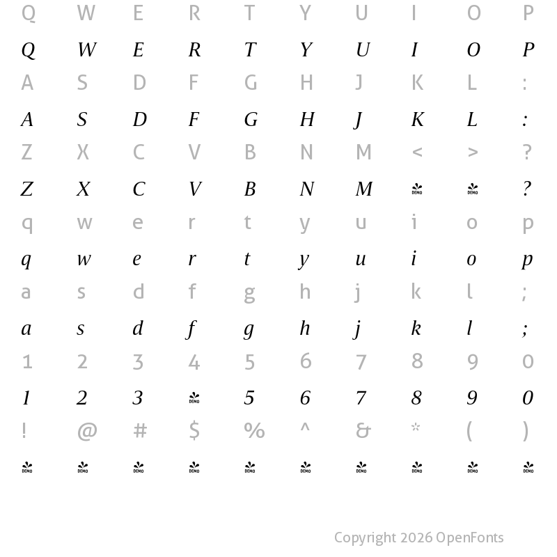 Character Map of FONTSPRING DEMO - Candide Italic