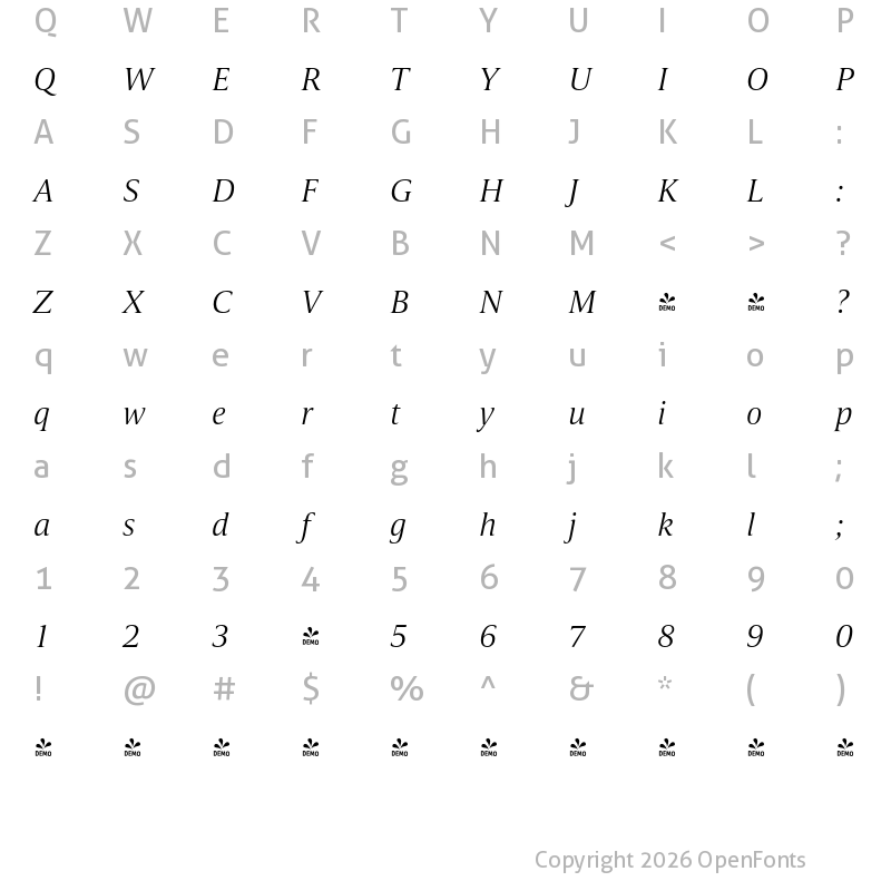 Character Map of FONTSPRING DEMO - Candide Light Italic