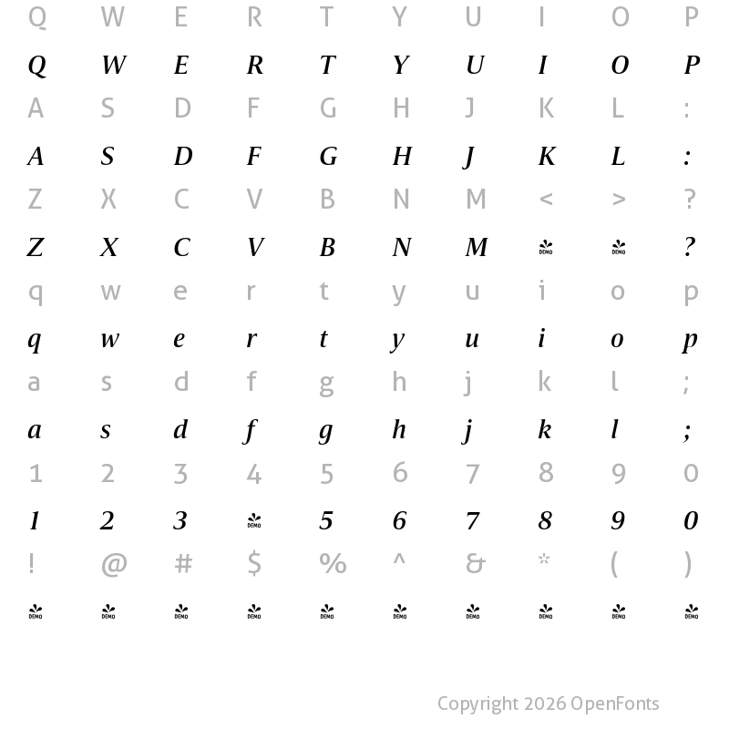 Character Map of FONTSPRING DEMO - Candide Medium Italic