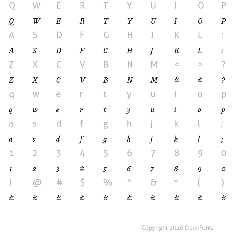 Character Map of FONTSPRING DEMO - Canilari Canilari Italic