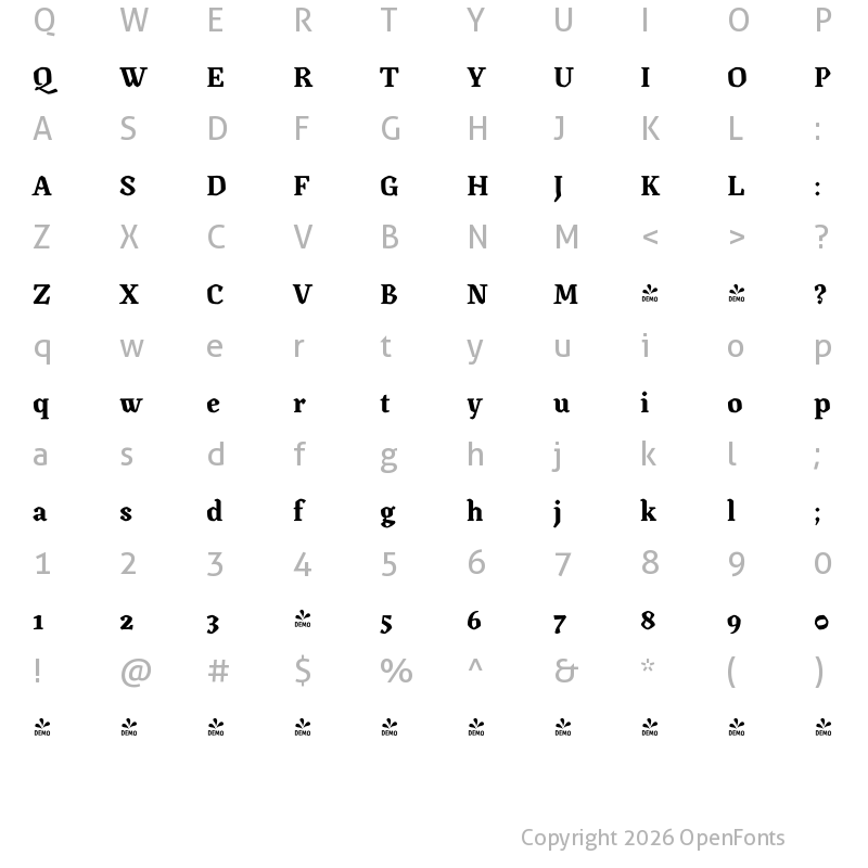 Character Map of FONTSPRING DEMO - Canilari STD Bold Regular